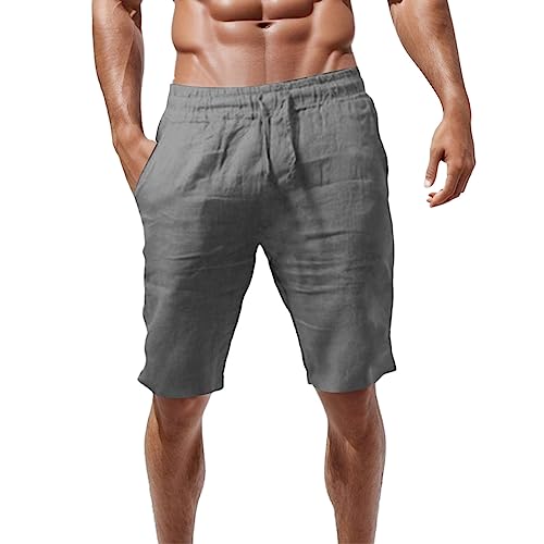 Jiabing Kurze Leinen Hosen Herren Beach Shorts Casual Leichte Sommershorts Leinenhosen Atmungsaktiv einfarbige Strandhose Kurz Sport Short Elastische Taille mit Kordelzug Taschen von Jiabing