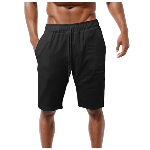 Jiabing Kurze Leinen Hosen Herren Beach Shorts Casual Leichte Sommershorts Leinenhosen Atmungsaktiv einfarbige Strandhose Kurz Sport Short Elastische Taille mit Kordelzug Taschen von Jiabing