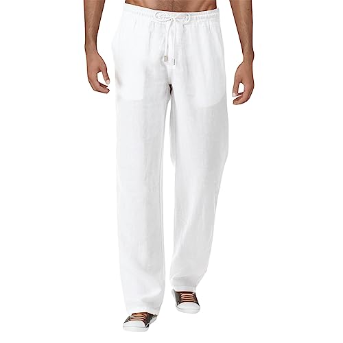 Jiabing Leinen Hose Herren Lange Leicht Sommerhose Leinenhose Einfarbig Strandhose Elastische Taille Hosen Männer Bequeme Freizeithose mit Kordelzug Taschen Palazzo Hose für Urlaub Strand Alltag von Jiabing