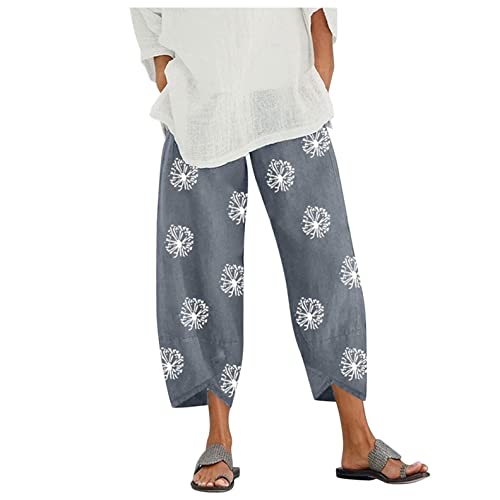 Jiabing Leinenhose Damen Sommer Boho Strandhose 7/8 Lang Freizeithose Baumwolle Leinen Pusteblumen Druck Sommerhose Capri Elastisch Gummibund Hose Große Größen Haremshose Yogahose von Jiabing