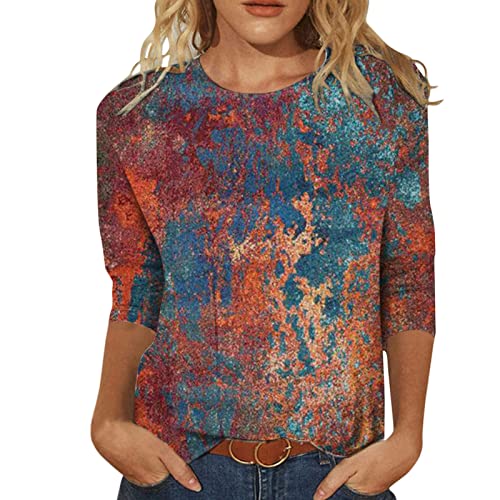 Jiabing Shirts Damen Elegant Damen T-Shirt 3/4 Arm Oberteile Tops Bunte Blumenmuster Druck Tunika Shirt Lose Rundhals Sommershirts Mode Damenblusen Langarm Blumen Bluse Tshirt von Jiabing