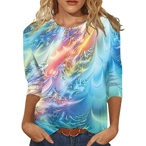 Jiabing Shirts Damen Elegant Damen T-Shirt 3/4 Arm Oberteile Tops Bunte Blumenmuster Druck Tunika Shirt Lose Rundhals Sommershirts Mode Damenblusen Langarm Blumen Bluse Tshirt von Jiabing