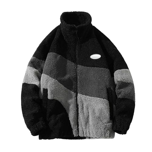 Jiabing Teddyfleece Jacke Herren Sherpa Jacke Fleecejacke Stehkragen Warm Winter Weich Übergangsjacke Vintage Jacke Plüschjacke Winterjacke Patchwork Teddy Fleece Oberbekleidung mit Reißverschluss von Jiabing