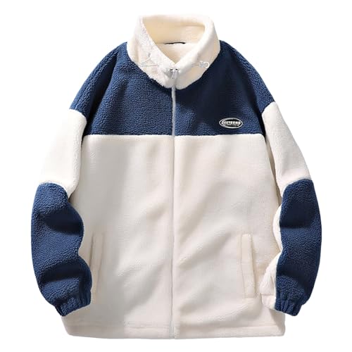 Jiabing Teddyfleece Jacke Herren Sherpa Jacke Fleecejacke Stehkragen Warm Winter Weich Übergangsjacke Vintage Jacke Plüschjacke Winterjacke Patchwork Teddy Fleece Oberbekleidung mit Reißverschluss von Jiabing