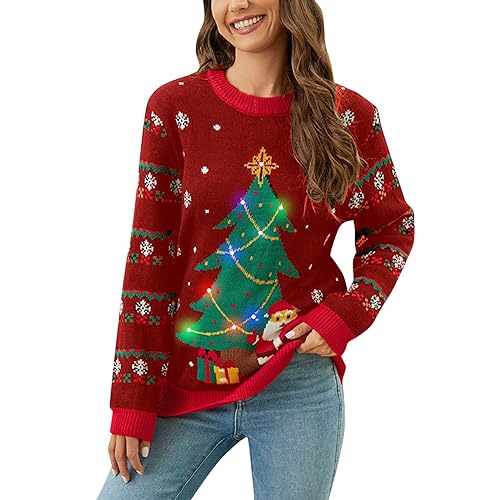 Jiabing Weihnachtspullover für Damen Kuschelpullover Weihnachtspulli Strickpullover Led Licht Weihnachtsbaum Design Unisex Ugly Christmas Sweater Winter Pullover mit Rundhalsausschnitt von Jiabing