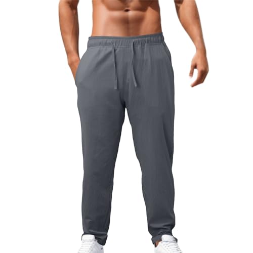 Leinenhosen Herren Lang Strandhose Einfarbig Leicht Sommerhose Loose Fit Bequeme Leinen Hose Casual Freizeithose für Urlaub Strand Alltag Palazzo Hose mit Kordelzug Taschen von Jiabing