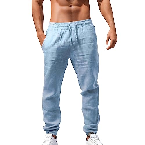 Leinenhosen Herren Lang Strandhose Einfarbig Leicht Sommerhose Loose Fit Bequeme Leinen Hose Casual Freizeithose für Urlaub Strand Alltag Palazzo Hose mit Kordelzug Taschen von Jiabing