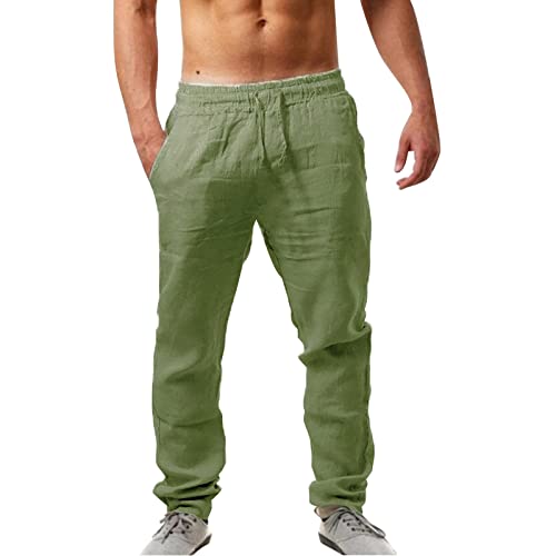 Leinenhosen Herren Lang Strandhose Einfarbig Leicht Sommerhose Loose Fit Bequeme Leinen Hose Casual Freizeithose für Urlaub Strand Alltag Palazzo Hose mit Kordelzug Taschen von Jiabing