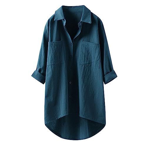 Longbluse Damen Bluse Oversize Langarm Shirt Baumwolle Leinen Hemdbluse Elegant Übergröße Longbluse Oberteil Einfarbig Lose Leinenbluse Lang Hemd Tops von Jiabing