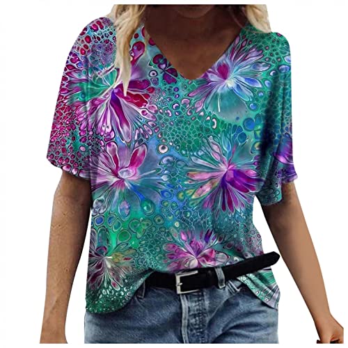 Lulupi 3D Druck Damen T-Shirt Kurzarm Oberteile Blumen Motiv Sommershirts V-Ausschnitte Lose Tunika Shirt Bunte Blumenmuster Tops Oversize Lose Tshirt Bluse Top von Jiabing