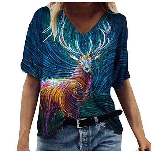 Lulupi 3D Druck Damen T-Shirt Kurzarm Oberteile Blumen Motiv Sommershirts V-Ausschnitte Lose Tunika Shirt Bunte Blumenmuster Tops Oversize Lose Tshirt Bluse Top von Jiabing