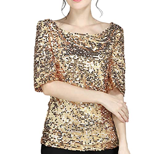 Lulupi Damen Glitzer Shirt Kurzarm Oberteile Schön Glänzend Pailletten Tops Tshirt Elegant Festlich Damenbluse Mode Abend Party Wedding Glitzertop Bluse Tunika von Jiabing