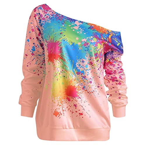 Lulupi Damen One Shoulder Sweatshirt Bunte Graffiti Pullover Oberteile Langarm Sexy Schulterfrei Pulli Shirts Jumper Tops von Jiabing