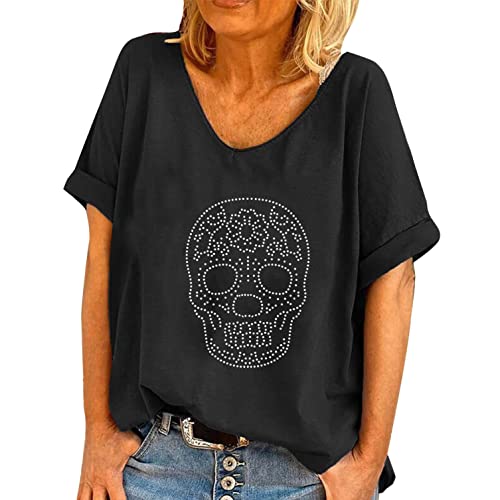 Lulupi Damen Oversize Shirt Totenkopf Glänzend Strass Tshirt Lose Kurzarm Schwarz Bluse Oberteile Tops Glitzersteine Damenblusen T-Shirt Bar Party Karneval Punk Top Shirts von Jiabing