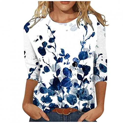 Lulupi Damen T-Shirt 3/4 Arm Oberteile Tops Bunte Blumenmuster Druck Tunika Shirt Lose Rundhals Sommershirts Mode Damenblusen Langarm Blumen Bluse Tshirt von Jiabing