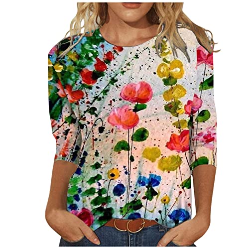 Jiabing Lulupi Damen T-Shirt 3/4 Arm Oberteile Tops Bunte Blumenmuster Druck Tunika Shirt Lose Rundhals Sommershirts Mode Damenblusen Langarm Blumen Bluse Tshirt von Jiabing