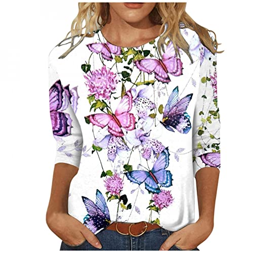 Lulupi Damen T-Shirt 3/4 Arm Oberteile Tops Bunte Blumenmuster Druck Tunika Shirt Lose Rundhals Sommershirts Mode Damenblusen Langarm Blumen Bluse Tshirt von Jiabing