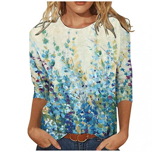 Lulupi Damen T-Shirt 3/4 Arm Oberteile Tops Bunte Blumenmuster Druck Tunika Shirt Lose Rundhals Sommershirts Mode Damenblusen Langarm Blumen Bluse Tshirt von Jiabing