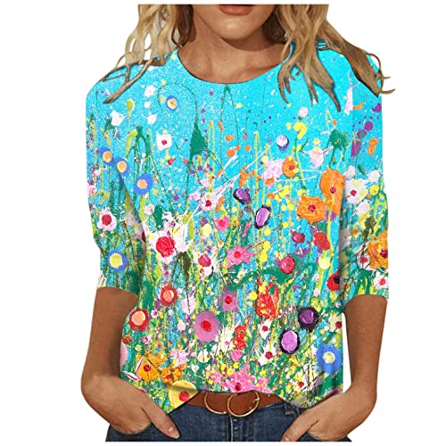 Lulupi Damen T-Shirt 3/4 Arm Oberteile Tops Bunte Blumenmuster Druck Tunika Shirt Lose Rundhals Sommershirts Mode Damenblusen Langarm Blumen Bluse Tshirt von Jiabing