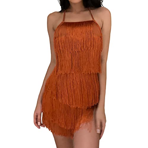 Pailletten Fransenkleid Damen Tanzkleid Samba Tango Latein Kleider mit Quaste Spaghettiträger Fransen Kleid Sexy Sommerkleid Wickelkleid Party Festival Club Minikleid Kostüm Fransen Rock von Jiabing