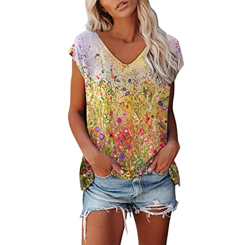 Shirt Damen T-Shirt Sommer Kurzarm Oberteile Blumen Motiv Tunika Shirt Pusteblume Drucken Lose Rundhals Tshirt Bluse Top von Jiabing