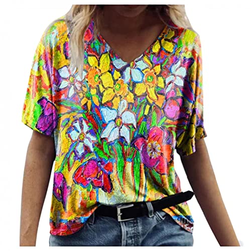 Vintage Druck Damen T-Shirt Kurzarm Oberteile Blumen Motiv Sommershirts Oversize V-Ausschnitte Lose Tunika Shirt Bunte Blumenmuster Tops Oversize Lose Tshirt Bluse Tops von Jiabing