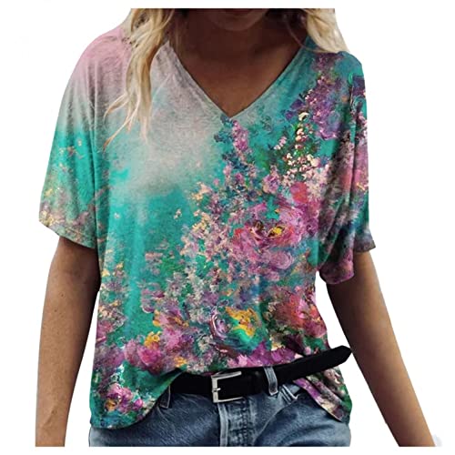 Vintage Druck Damen T-Shirt Kurzarm Oberteile Blumen Motiv Sommershirts Oversize V-Ausschnitte Lose Tunika Shirt Bunte Blumenmuster Tops Oversize Lose Tshirt Bluse Tops von Jiabing