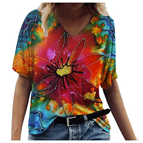 Vintage Druck Damen T-Shirt Kurzarm Oberteile Blumen Motiv Sommershirts Oversize V-Ausschnitte Lose Tunika Shirt Bunte Blumenmuster Tops Oversize Lose Tshirt Bluse Tops von Jiabing