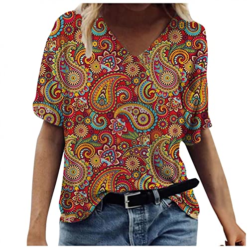 Vintage Druck Damen T-Shirt Kurzarm Oberteile Blumen Motiv Sommershirts Oversize V-Ausschnitte Lose Tunika Shirt Bunte Blumenmuster Tops Oversize Lose Tshirt Bluse Tops von Jiabing