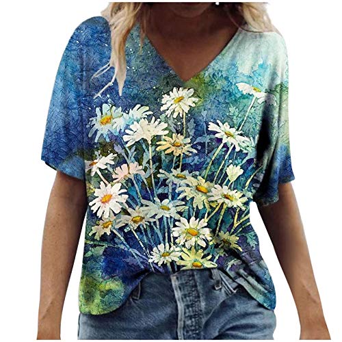 Vintage Druck Damen T-Shirt Kurzarm Oberteile Blumen Motiv Sommershirts Oversize V-Ausschnitte Lose Tunika Shirt Bunte Blumenmuster Tops Oversize Lose Tshirt Bluse Tops von Jiabing