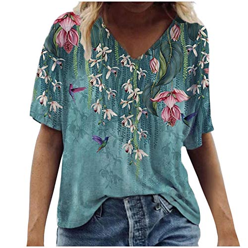 Vintage Druck Damen T-Shirt Kurzarm Oberteile Blumen Motiv Sommershirts Oversize V-Ausschnitte Lose Tunika Shirt Bunte Blumenmuster Tops Oversize Lose Tshirt Bluse Tops von Jiabing