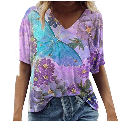 Vintage Druck Damen T-Shirt Kurzarm Oberteile Blumen Motiv Sommershirts Oversize V-Ausschnitte Lose Tunika Shirt Bunte Blumenmuster Tops Oversize Lose Tshirt Bluse Tops von Jiabing