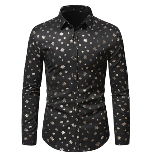 Weihnachtshemd Herren Luxus Weihnachten Gemustert Golden Glänzend Slim Fit Freizeithemd Männer Langärm Funky Christmas Shirt Hemden Button Up Langarmshirt Xmas Hawaii Kostümhemd von Jiabing