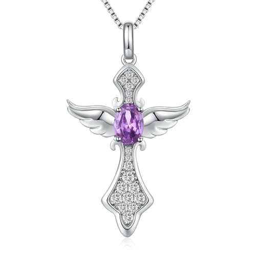 Angel Wing Cross Necklace Birthstone Cross Pendant Necklace for Women Diamond Sterling Silver Wing Cubic Zirconia Purple Cross Jewelry Women June Birthday von Jiahanzb