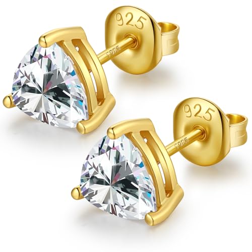 Jiahanzb Damen Cubic Zirkonia Ohrstecker 925 Sterling Silber Dreieckige CZ Simulierte Diamant Ohrstecker Ohrringe Mehrere Ohrlöcher Zirconia Schmuck Geschenke für Damen Herren 7MM Gold Plated von Jiahanzb