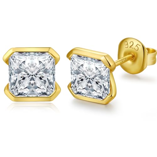 Jiahanzb Damen Cubic Zirkonia Ohrstecker 925 Sterling Silber Magnetische CZ Simulierte Diamant Ohrstecker Ohrringe Hypoallergenes Prinzessin Zirconia Schmuck Geschenke für Damen Herren 7MM Gold Plated von Jiahanzb