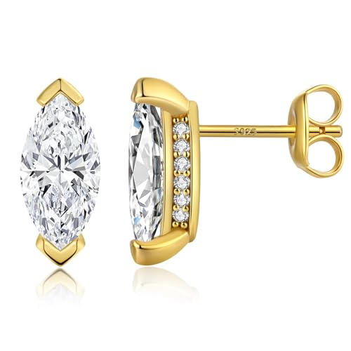 Jiahanzb Damen Cubic Zirkonia Ohrstecker 925 Sterling Silber Marquise CZ Simulierte Diamant Ohrstecker Ohrringe Hypoallergenes Zirconia Schmuck Geschenke für Damen Herren 7MM Gold Plated von Jiahanzb