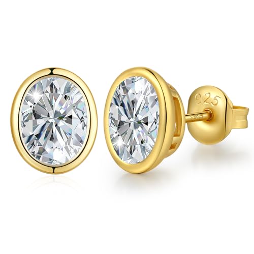 Jiahanzb Damen Cubic Zirkonia Ohrstecker 925 Sterling Silber Ovale CZ Simulierte Diamant Ohrstecker Ohrringe Bezel Hypoallergenes Zirconia Schmuck Geschenke für Damen Herren 5MM Gold Plated von Jiahanzb