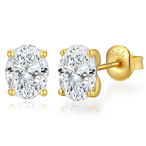 Jiahanzb Damen Cubic Zirkonia Ohrstecker 925 Sterling Silber Ovale Simulierte Diamant Ohrstecker Ohrringe Hypoallergenes Zirconia Schmuck Geschenke für Damen Herren 5MM Gold Plated von Jiahanzb