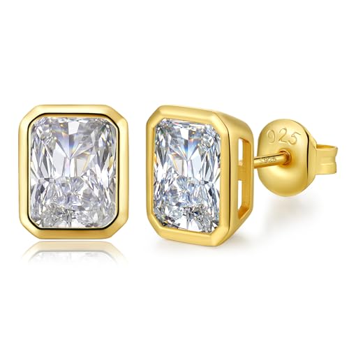 Jiahanzb Damen Cubic Zirkonia Ohrstecker 925 Sterling Silber Smaragdschliff CZ Simulierte Diamant Ohrstecker Ohrringe Bezel Quadratisch Zirconia Schmuck Geschenke für Damen Herren 7MM Gold Plated von Jiahanzb