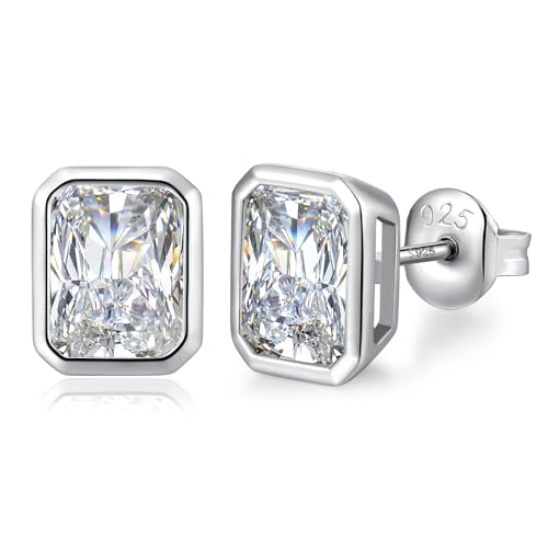 Jiahanzb Damen Cubic Zirkonia Ohrstecker 925 Sterling Silber Smaragdschliff CZ Simulierte Diamant Ohrstecker Ohrringe Hypoallergenes Bezel Quadratisch Zirconia Schmuck Geschenke für Damen Herren 7MM von Jiahanzb