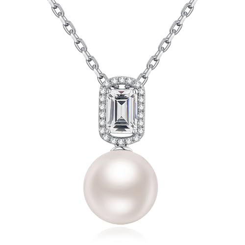 Perlenkette Damen 925 Sterling Silber Perlen Anhänger Halskette Smaragd-Schliff Imitations Diamanten Perle Zirkonia Schmuck Geschenk für Braut Weiß Perlen 12 mm von Jiahanzb