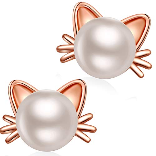 Katze Ohrringe Damen Perlen Ohrringe Ohrstecker Silber Katzen 925 Sterling Silber für Damen Mädchen Kinder Roségold von Jiahanzb
