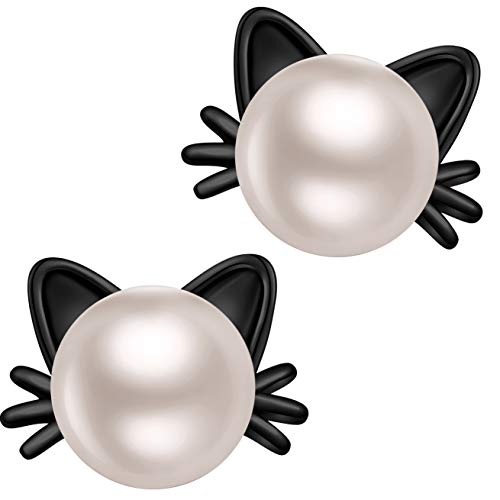 Katze Ohrringe Damen Perlen Ohrringe Ohrstecker Silber Katzen 925 Sterling Silber für Damen Mädchen Kinder Schwarz von Jiahanzb