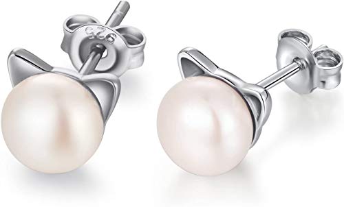 Katze Ohrringe Silber 925 Damen Katzen Ohrstecker Perlen Ohrringe Katze mit Perle Süßwasserperle Ohrringe Silber von Jiahanzb