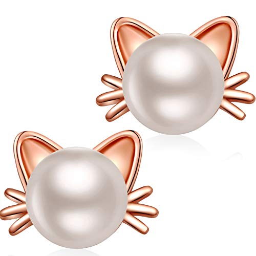 Katze Ohrstecker 925 Sterling Silber Damen Katzen Perlen Ohrringe Stecker Perle Katze Ohrringe Weißer Süßwasserperlen Schmuck für Katzenliebhaber Roségold von Jiahanzb