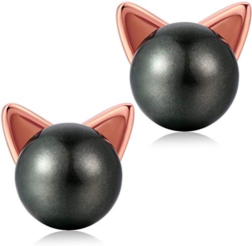 Katze Ohrringe Silber 925 Damen Katzen Ohrstecker Perlen Ohrringe Schwarz Silber 925er Katze mit Perle Süßwasserperle Ohrringe Schwarz Silber fur Kinder Mädchen von Jiahanzb