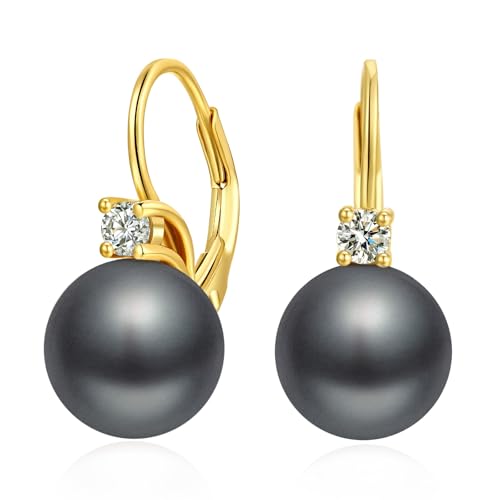 Perle Ohrringe für Damen 925 Sterling Silber Perle mit Cubic Zirkonia Diamant Leverback Hängend Dangle Ohrring Perlen Schmuck Geschenke Dunkelgraue Perlen 10 mm von Jiahanzb