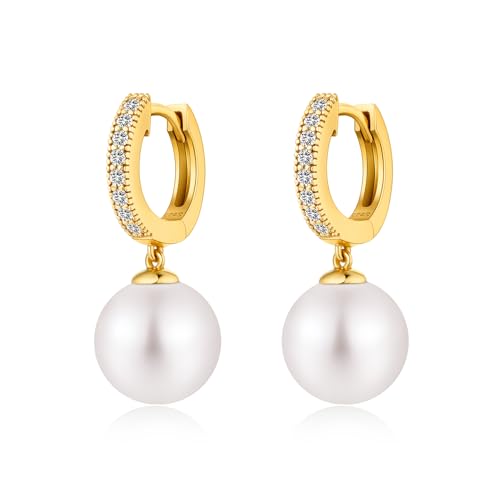 Perle Ohrringe für Damen 925 Sterling Silber Perle mit Cubic Zirkonia Diamant Leverback Hängend Dangle Ohrring Perlen Schmuck Geschenke Weiß Perlen 10 mm von Jiahanzb