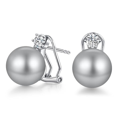 Perle Ohrringe für Damen 925 Sterling Silber Perle mit Cubic Zirkonia Diamant Ohrstecker Perlen Schmuck Hellgraue Perlen 13 mm von Jiahanzb